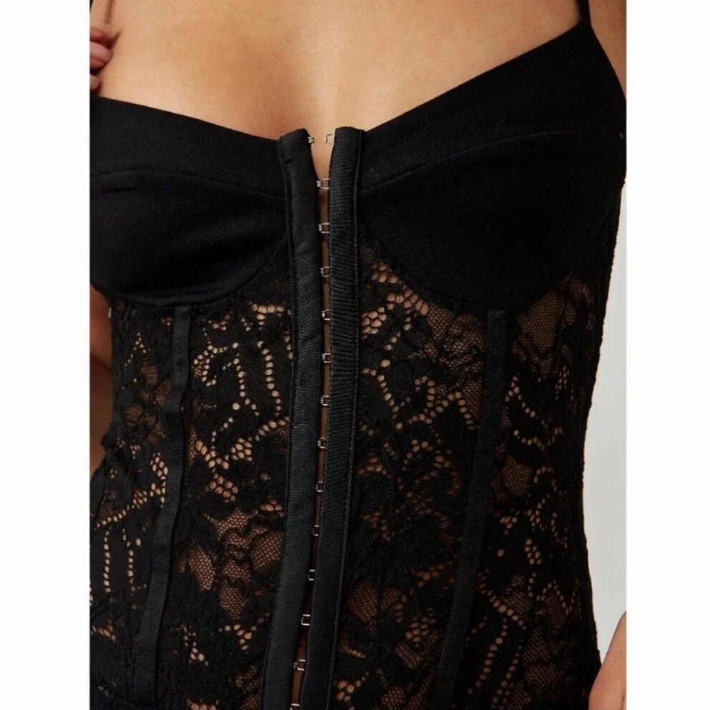 Free People Lace Night Rhythm Bodysuit in Black